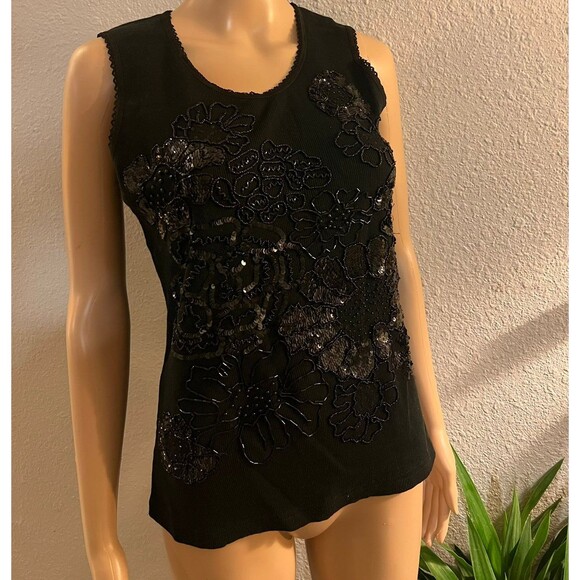 MULTIPLES SLEEVELESS SEQUIN EMBROIDERY TOP BLACK size 0 - Picture 1 of 8